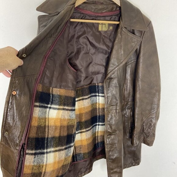 Vintage Rice Sportswear 70s Brown Leather Coat Plaid Lined Hipster Mod Men 44 - Picture 3 of 10